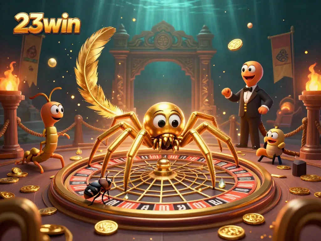 Experience vibrant gaming at 23win with a dynamic golden spider spinning a roulette web in a casino scene.