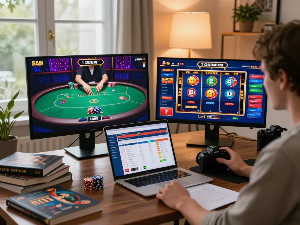 Engaged player enjoying online casino games at home showcasing hm88 com vn experience with vibrant graphics.