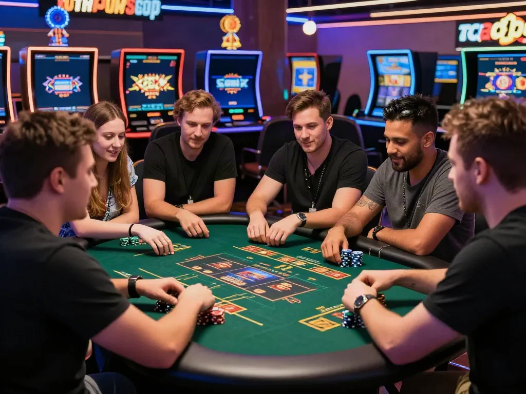 Diverse group enjoying a fun night at a non GamStop casino, gaming table, vibrant atmosphere.