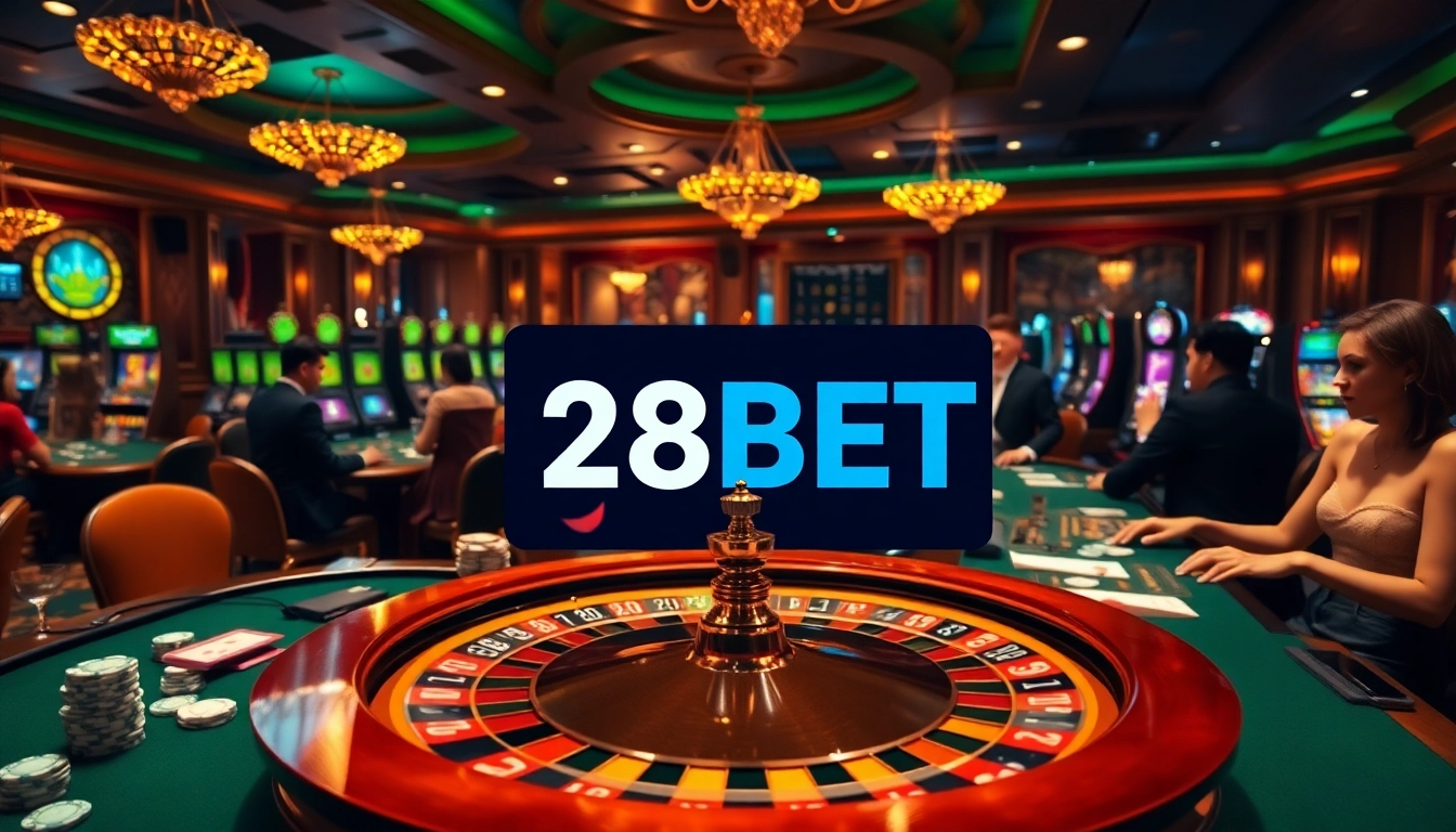 Experience the thrill of 28BET with players at an elegant casino table.