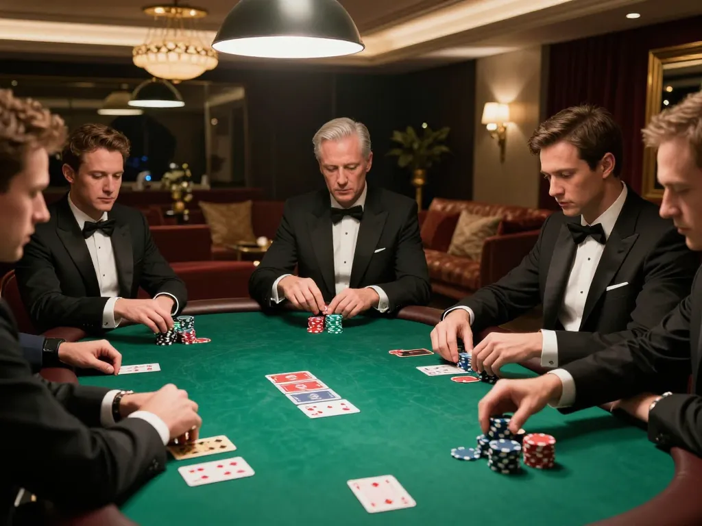 Players at 577F enjoy a high-stakes poker game in an elegant setting, showcasing strategy and excitement.