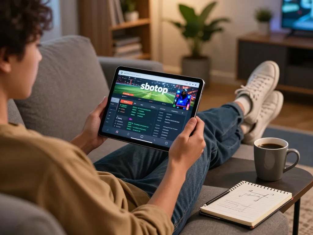 Sbotop user enjoying online sports betting on a tablet in a cozy home environment.