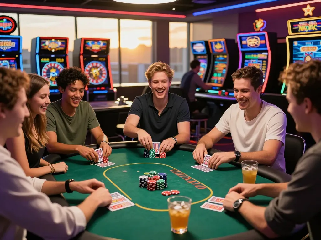 Exciting casino scene at https://topbet8x.com/ with friends celebrating a poker game.
