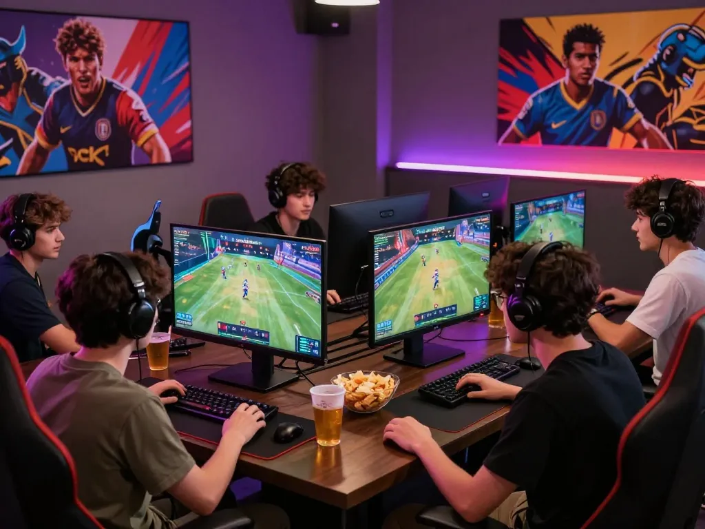Goal123 online gaming scene with friends enjoying diverse games in a vibrant atmosphere.