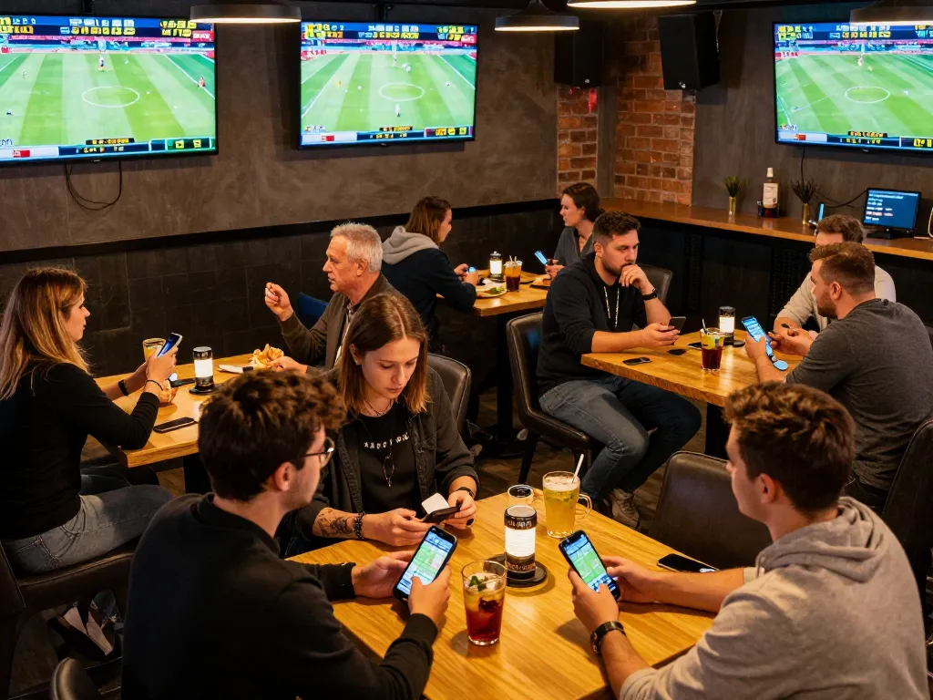 Fans placing bets on sports games at a lively sports bar while tracking odds on smartphones, qq88 gaming experience