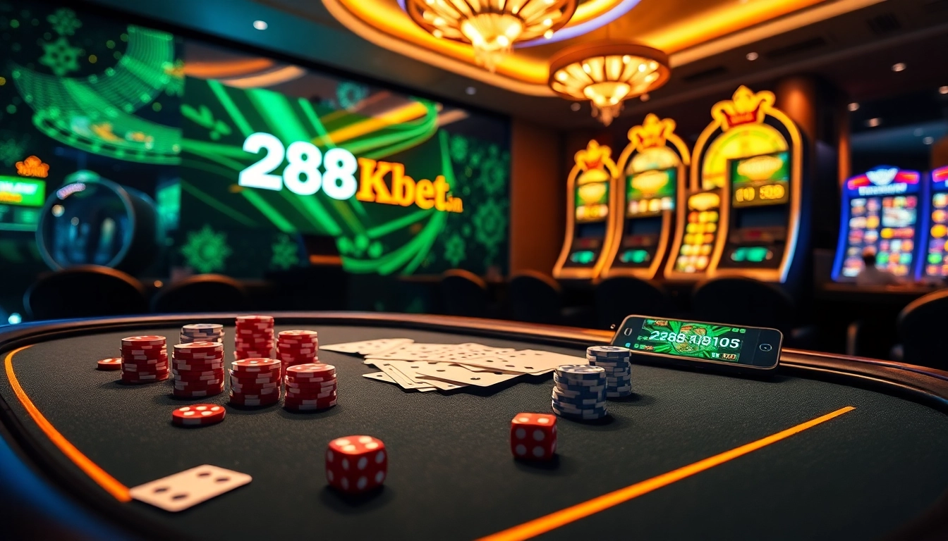 Engage with dynamic casino activities at 288kbet.in, featuring vibrant poker chips and digital slot machines.
