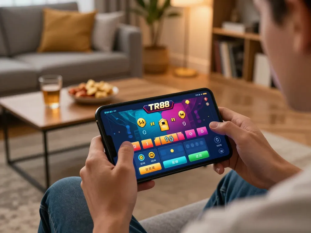 Engaging gameplay on TR88 mobile app, showing vibrant betting interface in a cozy home setting.