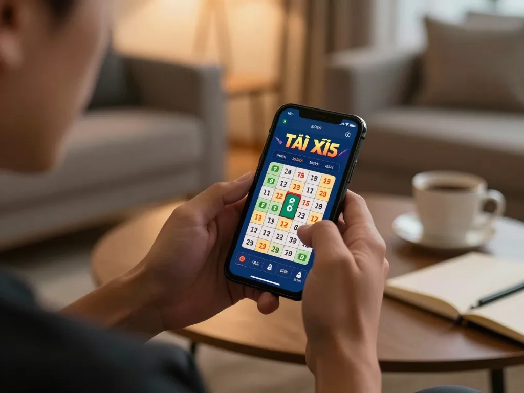 Playing Tài Xỉu MD5 on smartphone in a cozy home environment, showcasing strategic gameplay.