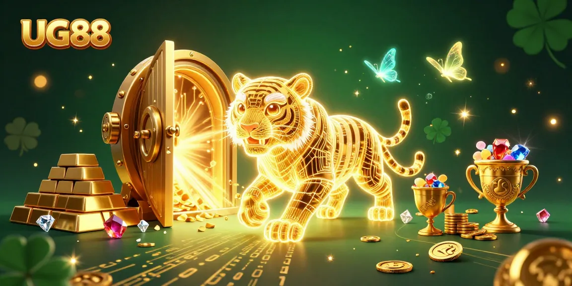 Engage in high-stakes action at UG88 with a golden tiger prowling a vibrant digital casino landscape.