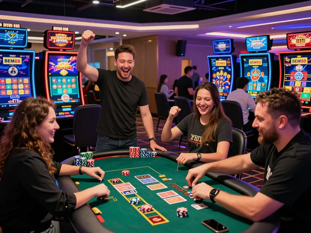 BEM88 players enjoying live casino games with engaging dealers in a vibrant atmosphere.