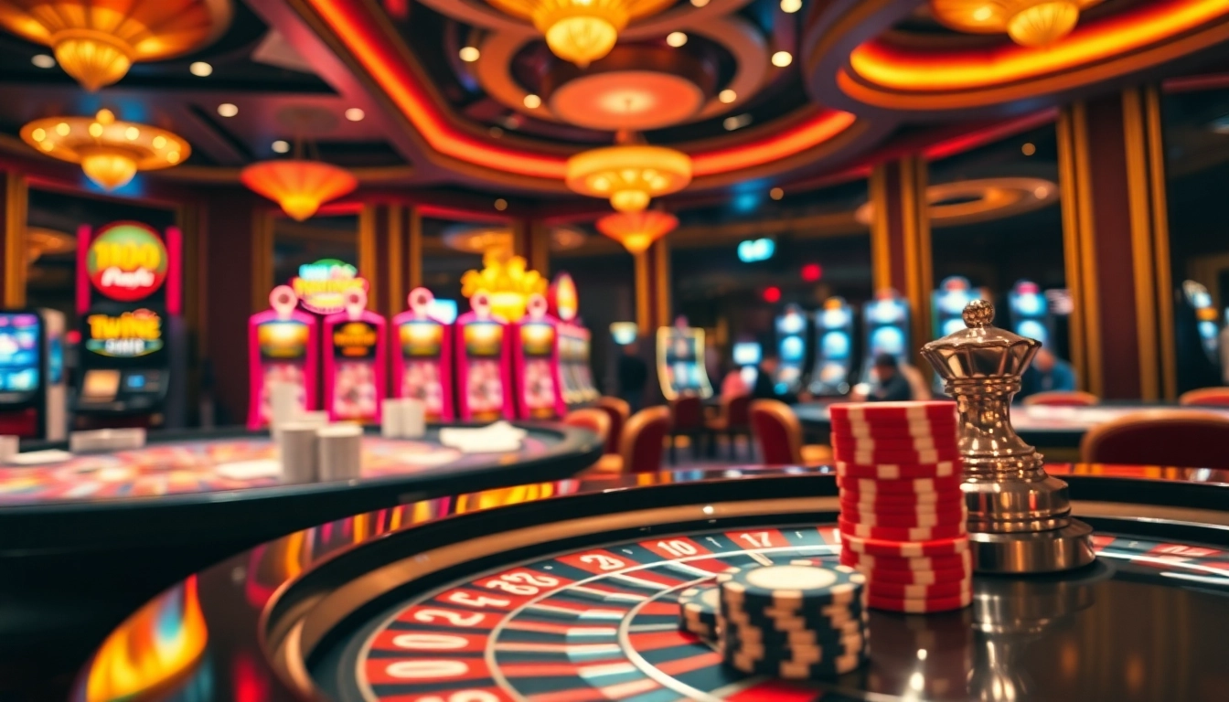 Iwin casino scene showcasing poker chips and roulette for an exciting gaming experience.