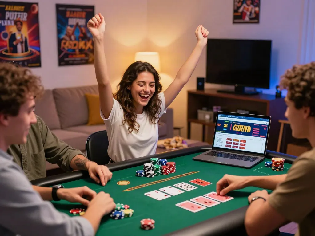 Group enjoying gaming night at a non Gamstop casino with poker chips and a laptop.