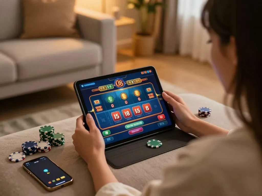 O8 online casino games played excitedly on a tablet in a cozy living room setting.