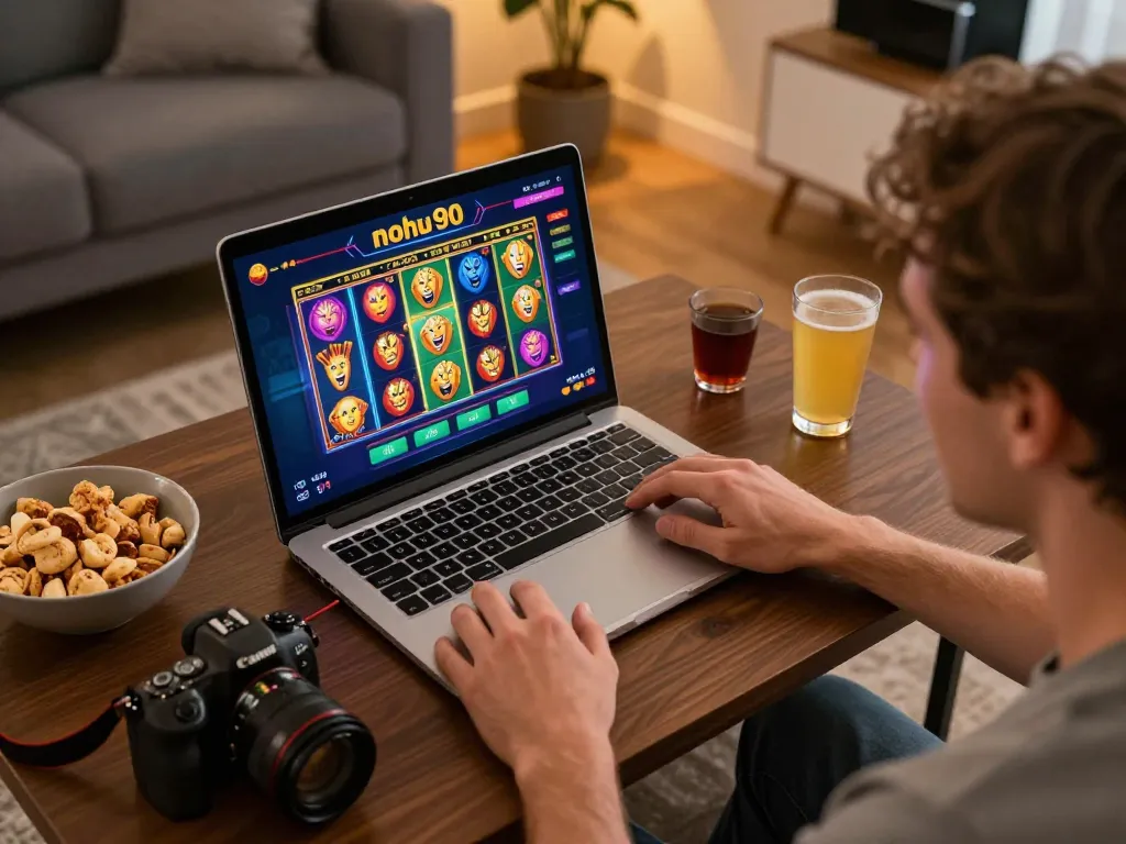 Engaging player confidently using nohu90 casino for online betting, showcasing a colorful slot game.