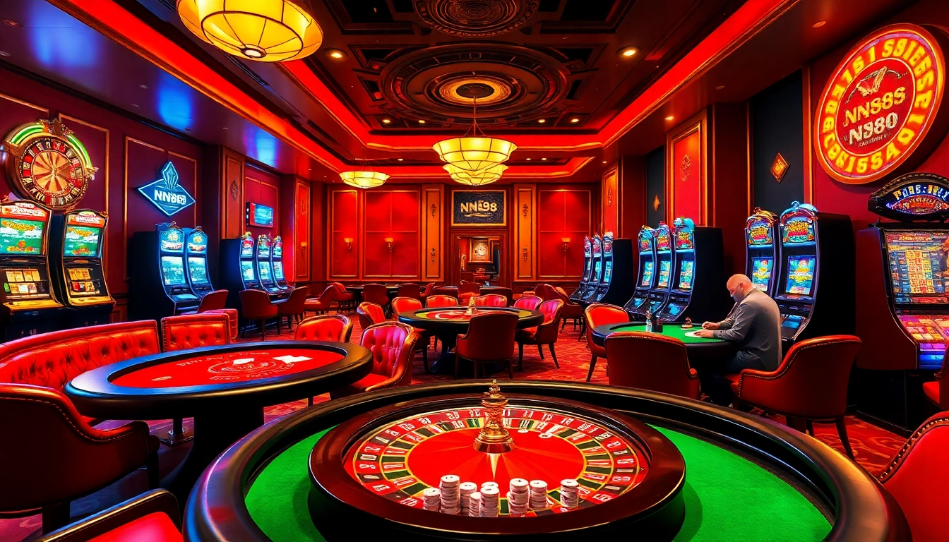 Experience the excitement of NN88 with players engaged at casino tables, vibrant slot machines, and a roulette wheel.
