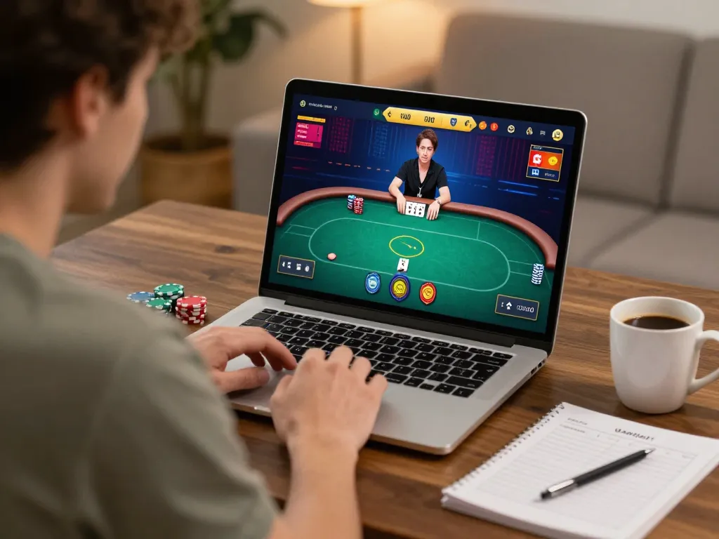 Engaging gameplay with nhà cái 13WIN on laptop, showcasing a thrilling online poker experience in a cozy home.