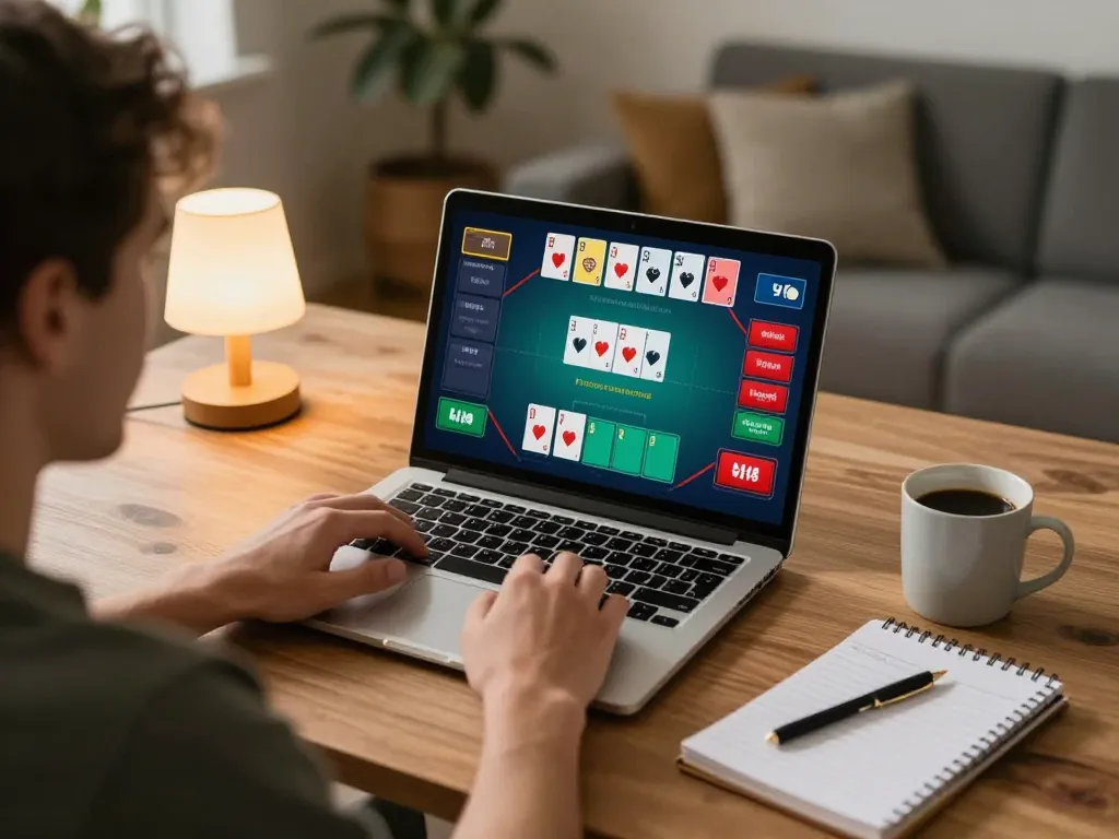Engaging in online gaming with Onbet on a laptop while reviewing strategy notes and tracking bankroll.