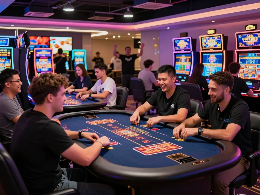 Dynamic atmosphere of 789Club with players enjoying games and link tải 789club mới nhất visible on screens.