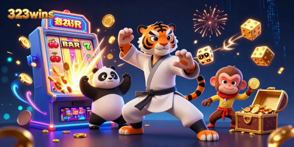 Experience exciting jackpots at 323wins with playful characters, riches, and vibrant casino scenes.