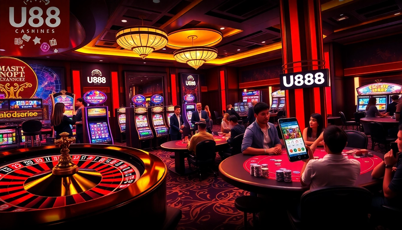 Experience thrilling casino action with U888 featuring vibrant slot machines, roulette, and engaged players.