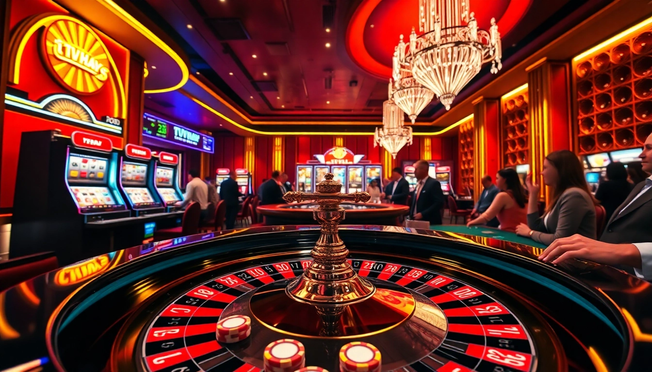 Excited players at a roulette table and slot machines capture tvhay casino thrills.