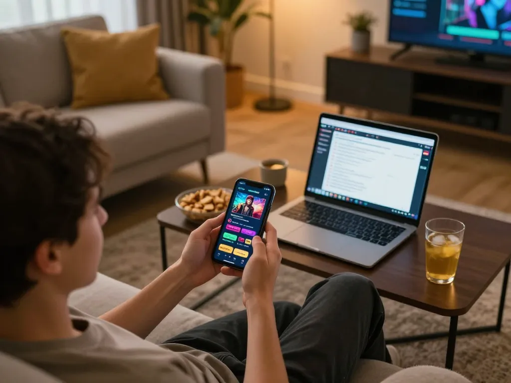 Person enjoying the me99 casino app on smartphone in a cozy living room while studying gaming strategies