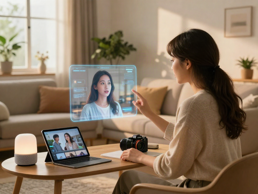 A young woman connecting with her ai girlfriend hologram in a cozy setting, showcasing innovative tech integration.