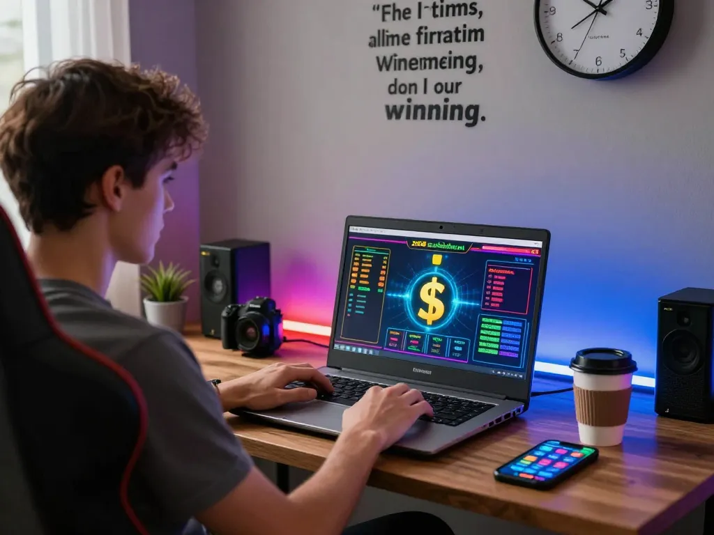 ZX88 đăng nhập on a laptop with vibrant gaming graphics and digital currency symbols in a cozy environment.