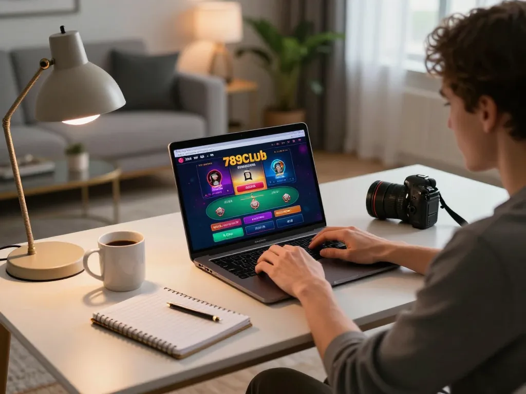 Engaging online gaming experience at 789Club with a laptop and strategy notes.