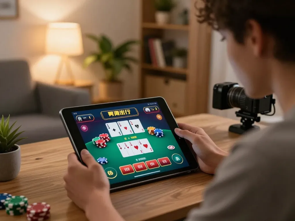 Engaging scene of Fun79 online gaming, showcasing poker interface for strategic gameplay in a cozy home.