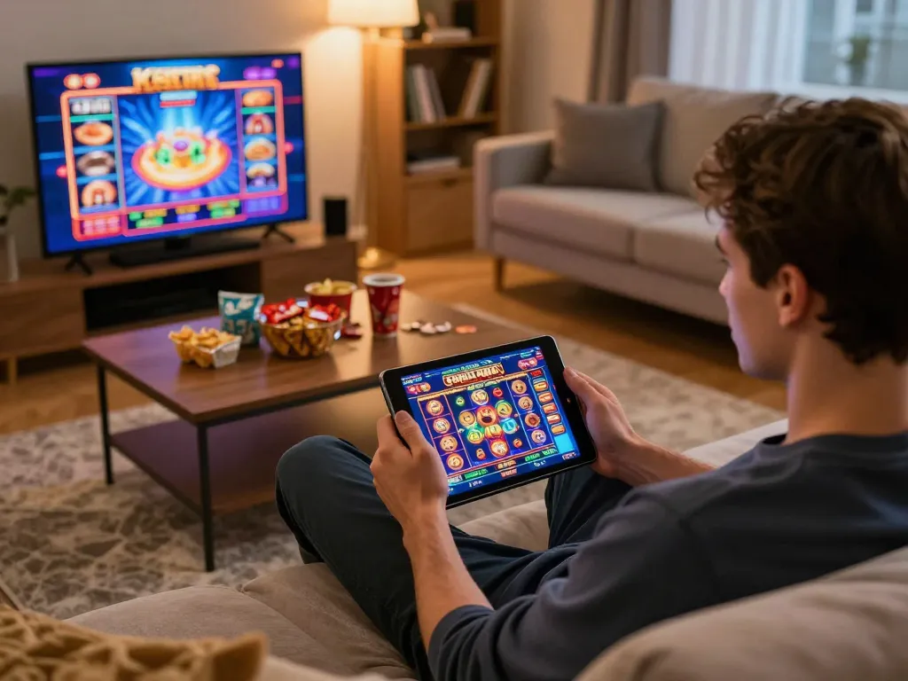 Kuwin player enjoying slots on a tablet in a cozy living room while practicing responsible gaming.