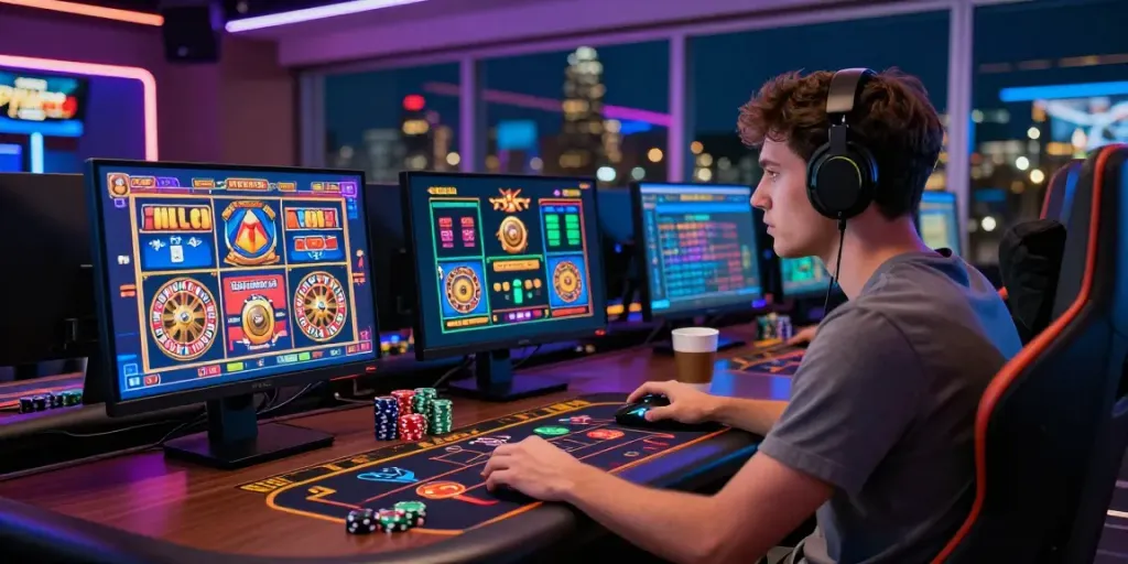 Engaged player in a non Gamstop casino environment, gaming on a computer with vibrant graphics and betting alerts nearby.