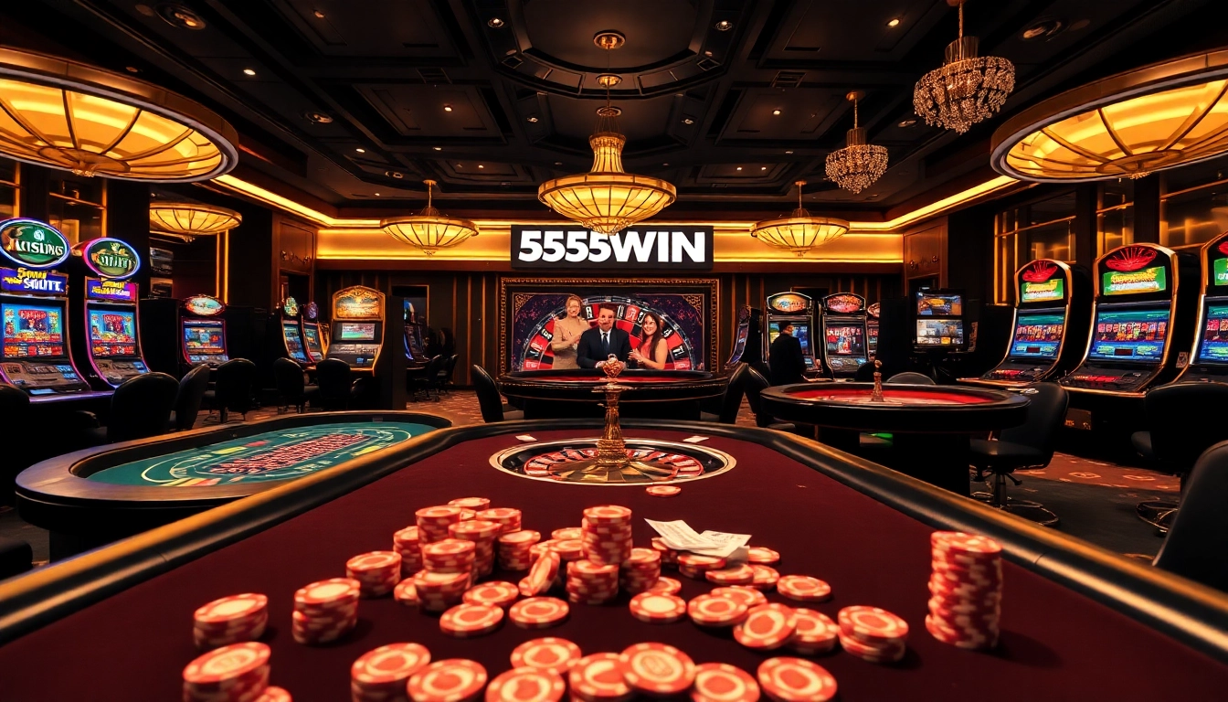 Experience the excitement of high-stakes gaming at 555WIN casino with vibrant slot machines and elegant poker tables.