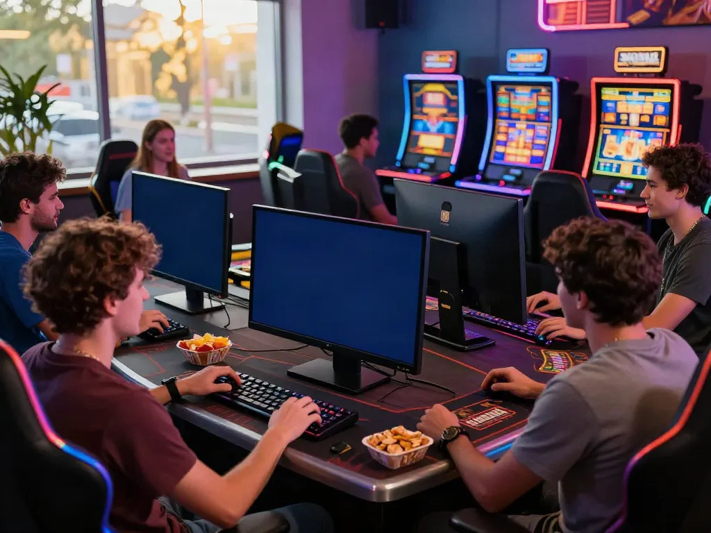 Exciting scene from a non gamstop casino featuring friends enjoying online gaming.