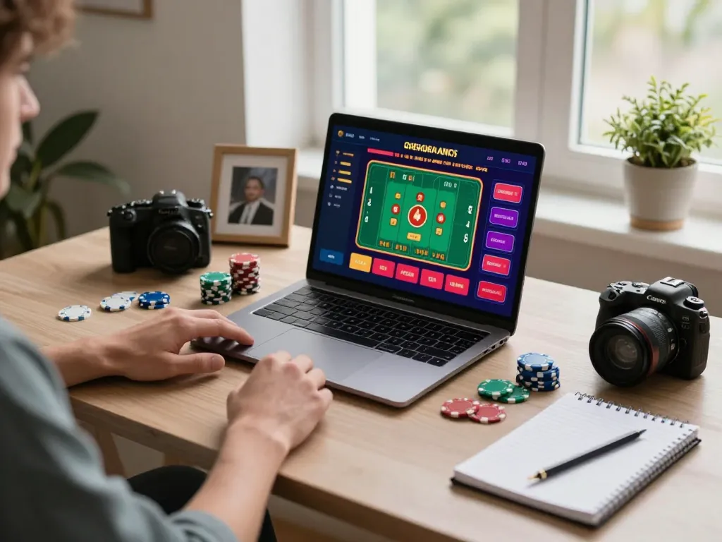Nohu90s engaged in strategic online gaming at home with laptop and poker chips visible