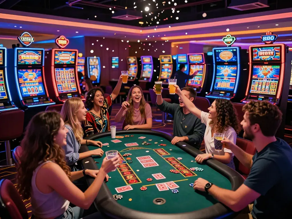 Celebration at a non GamStop casino with friends winning a jackpot, surrounded by vibrant gaming atmosphere and colorful lights.