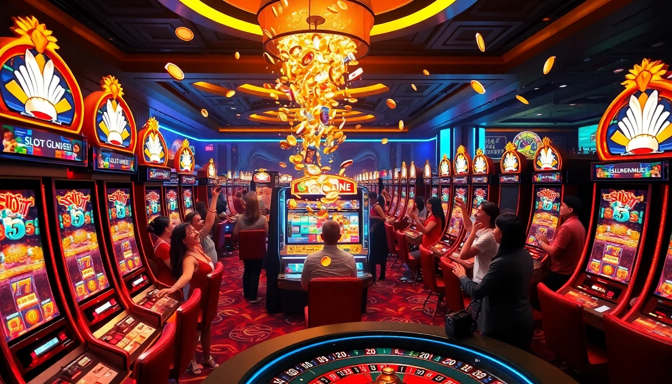 Celebrate a slot gacor win at a vibrant casino, showcasing jubilant players and gaming excitement.