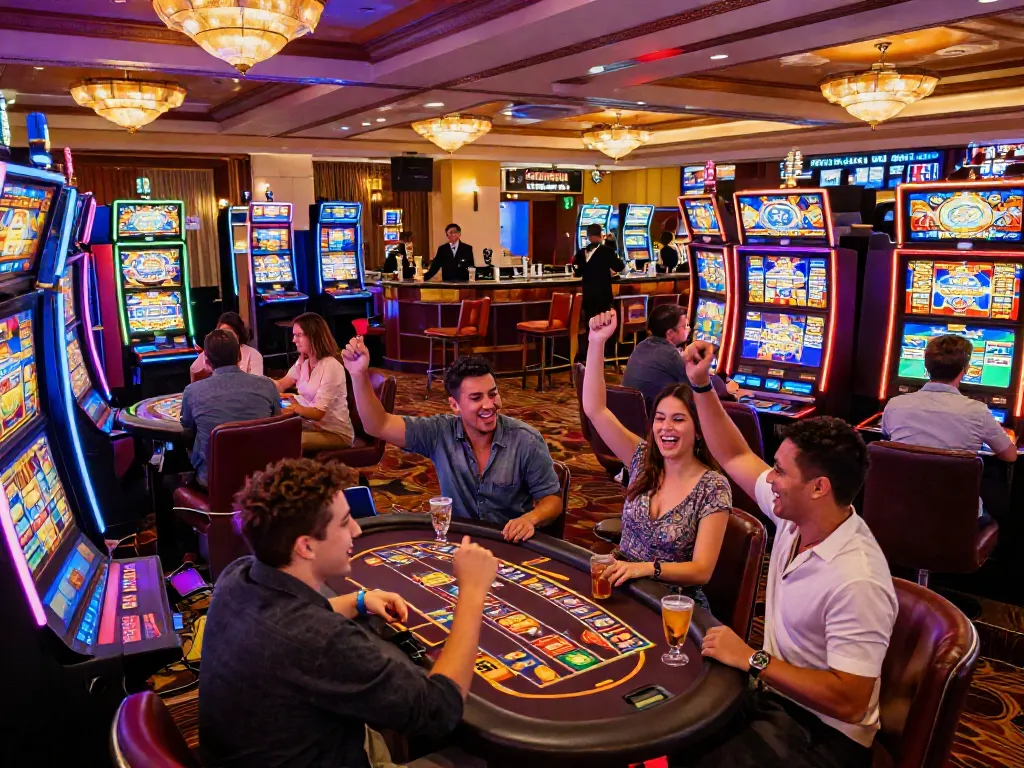 Exciting gaming scene in a non Gamstop casino with players celebrating wins and colorful slot machines in a vibrant atmosphere.