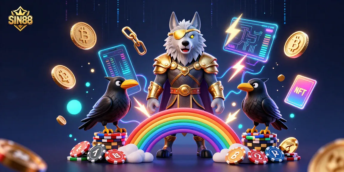 SIN88 showcases an engaging 3D scene featuring Odin and ravens on a casino chip bridge, symbolizing gaming luck.