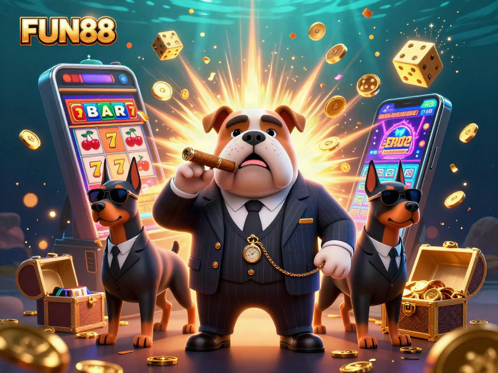 Spin the reels of FUN88's slot machine in a vibrant casino scene bursting with excitement.