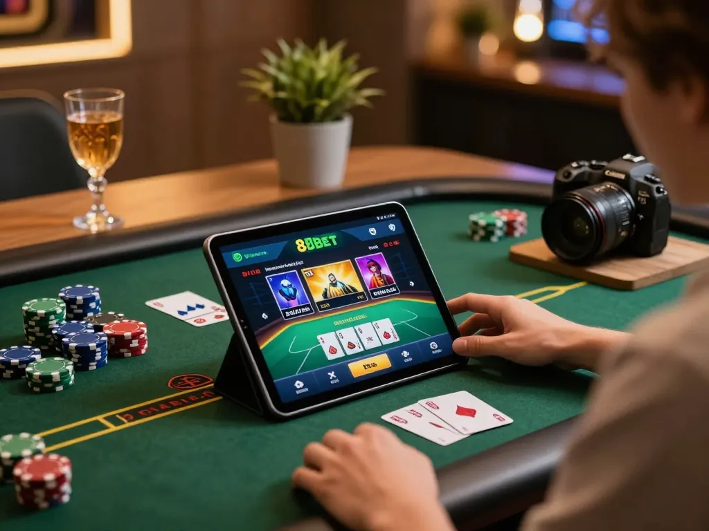 Person engaging with the 8xbet app for online gambling on a tablet, showcasing a cozy gaming setup.