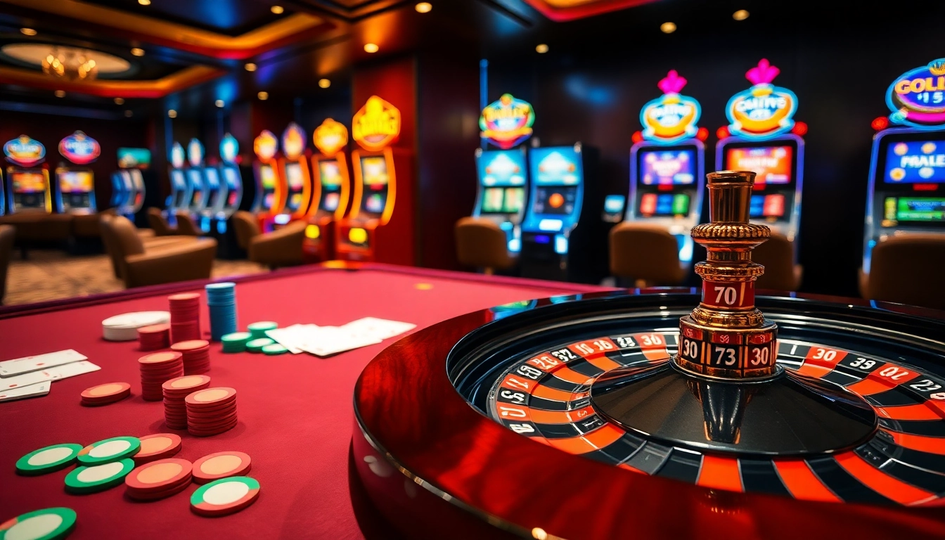 Luckywin gambling scene showcasing vibrant gaming tables and roulette wheel excitement.