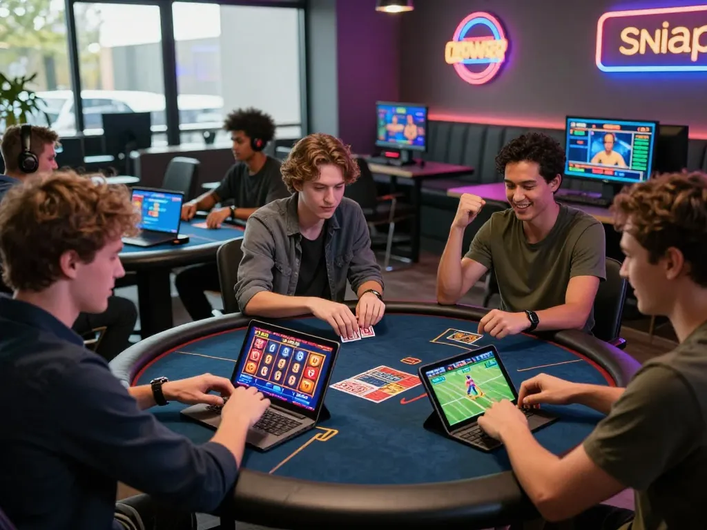 Players experiencing the excitement of sunwin online gaming in a vibrant and modern lounge.
