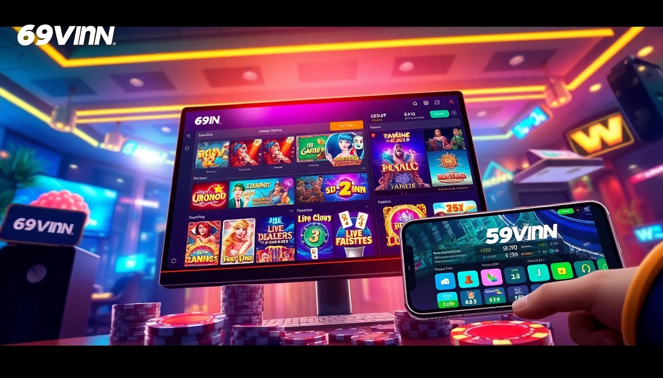 Experience the excitement of 69VN.COM with a vibrant online gaming platform illustration highlighting casino games and a sleek interface.