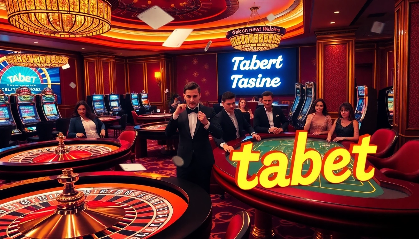 Players enjoying thrilling casino games with Tabet branding, showcasing excitement and luxury.