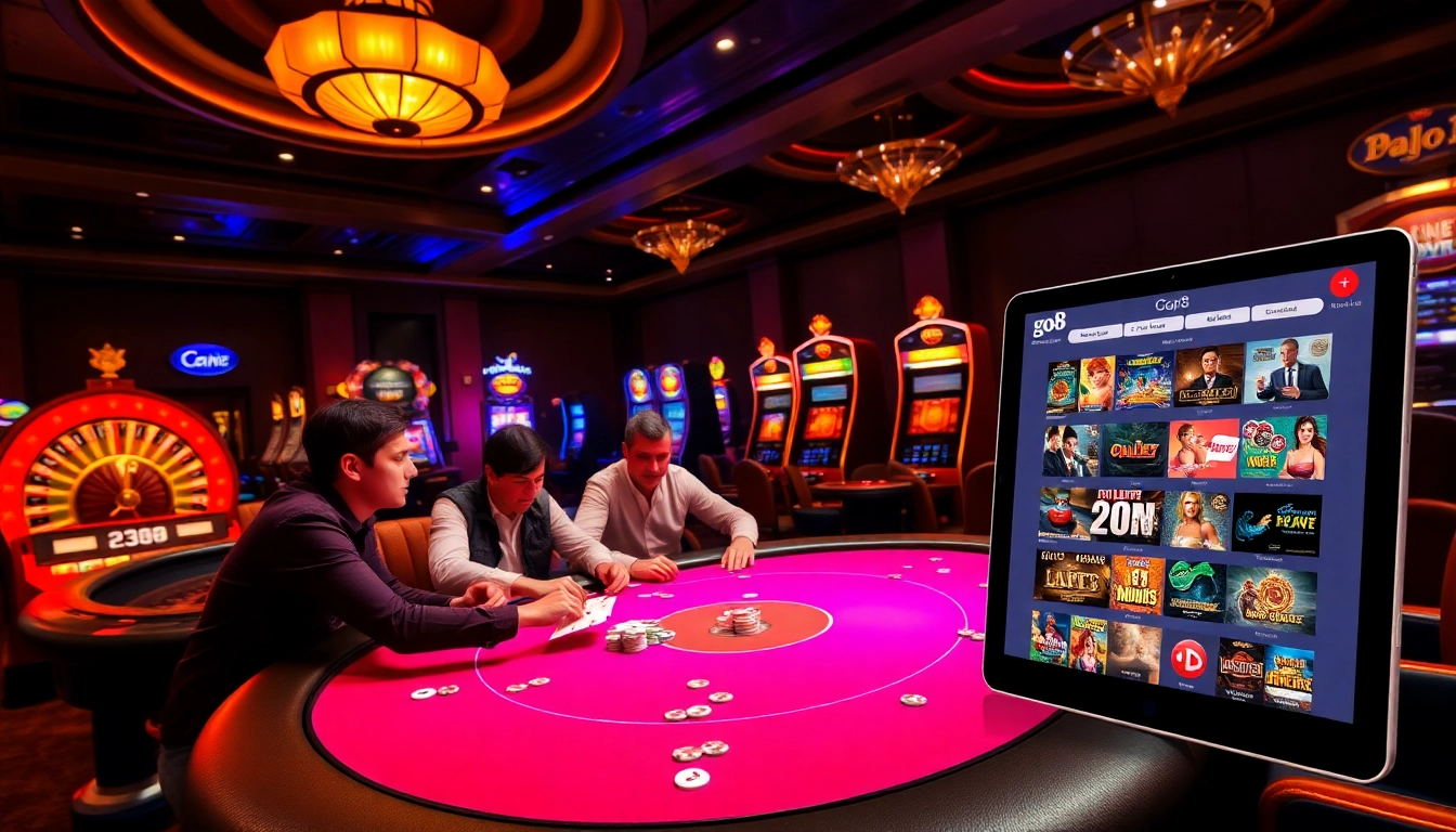 Players enjoying a thrilling game at Go8 casino tables filled with vibrant slot machines.