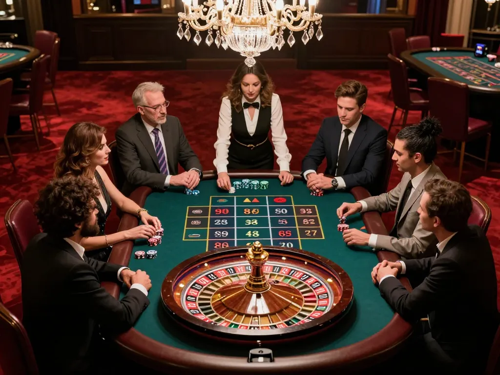 Bsport players engaged at a thrilling roulette table in a luxurious casino atmosphere