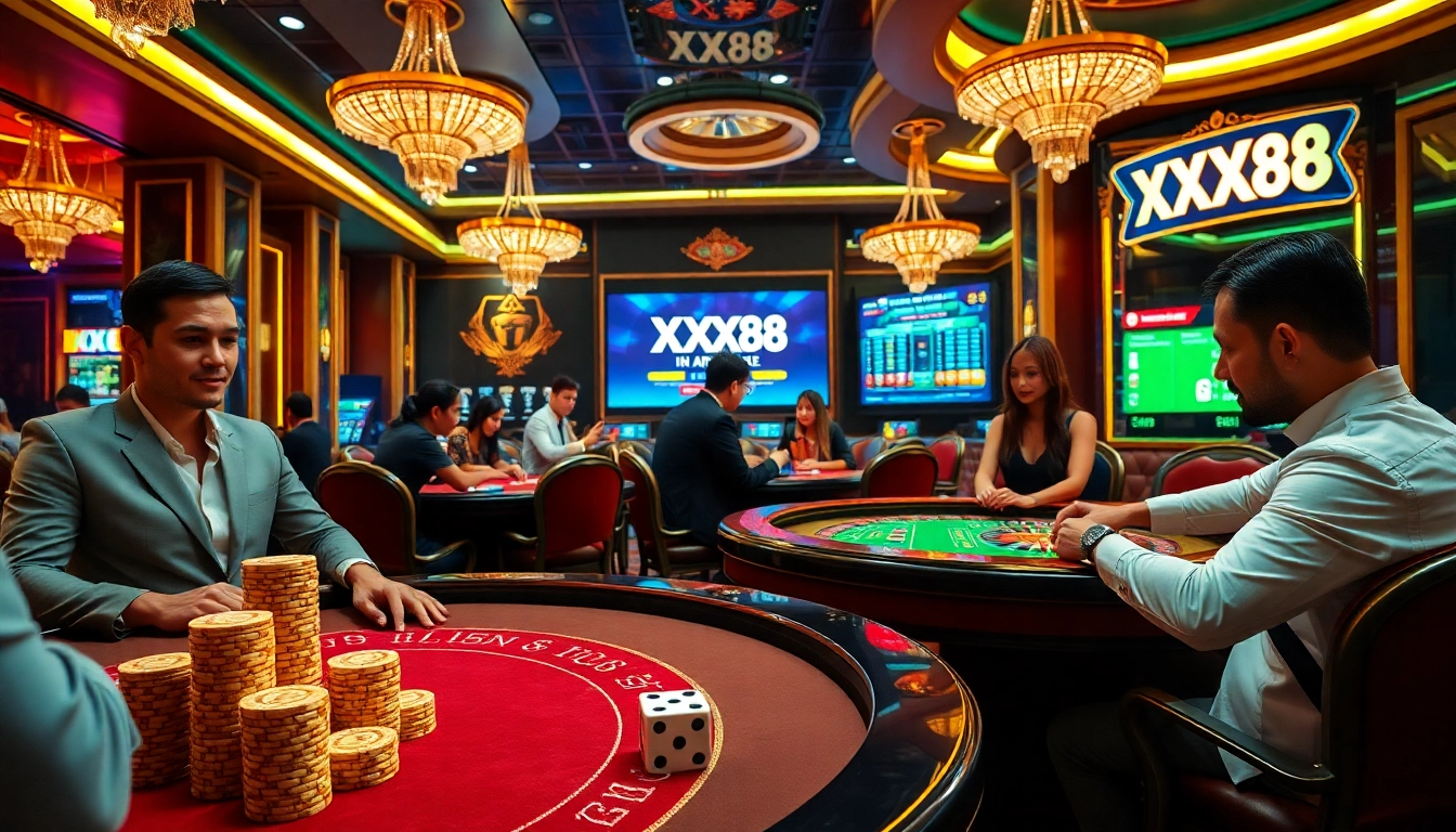 Experience the thrill of online gambling at XX88 with exciting casino tables and vibrant decor.