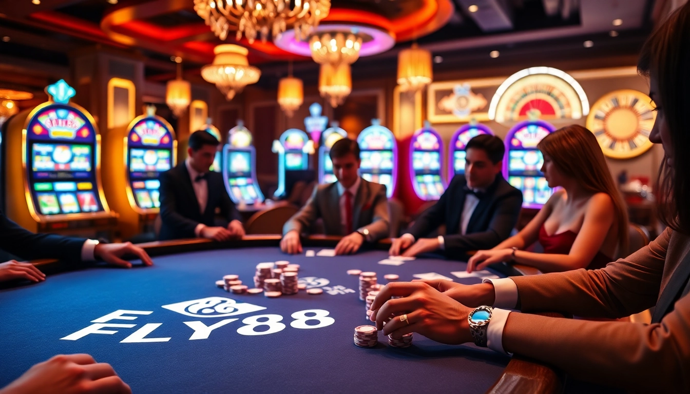 FLY88 players enjoying a high-stakes poker game in a luxurious casino atmosphere.