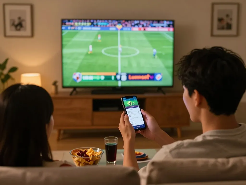 Excited sports viewer placing bets on Luongsontv app while watching live football match on screen